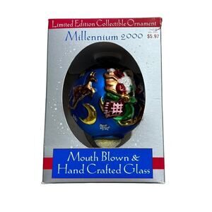 Millennium Year 2000 Y2K Santa Reindeer Flight Blown Glass Christmas Ornament